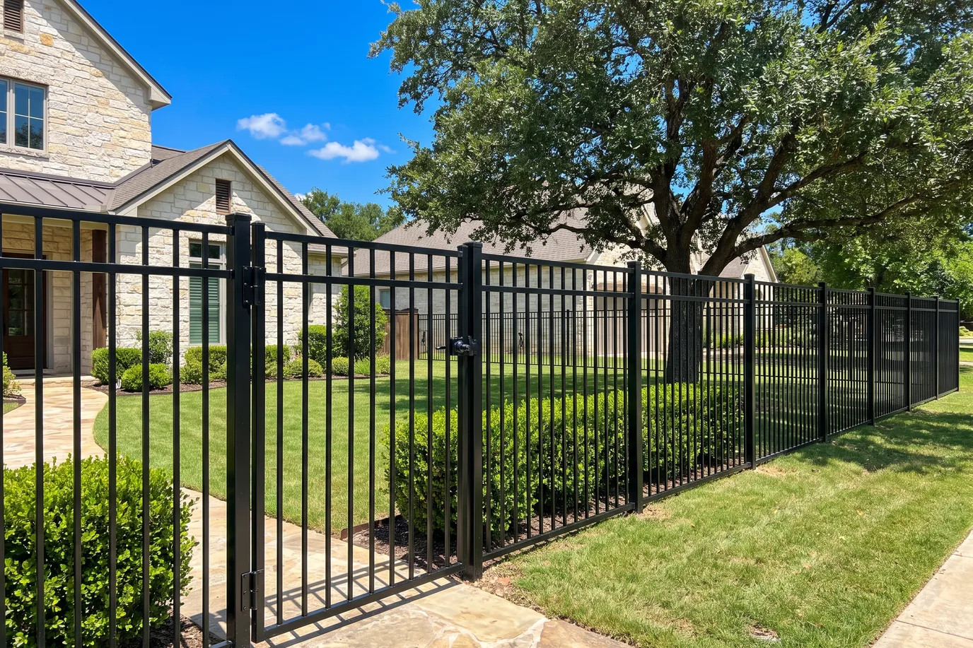 A black ornamental steel fence and walk gate in front of a two-story limestone house