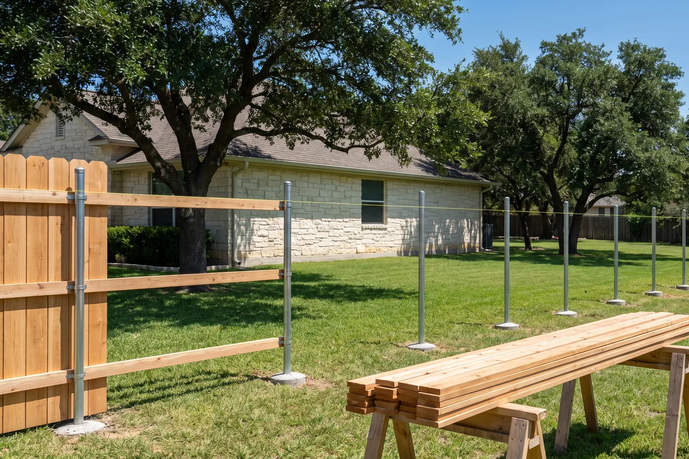 A new fence line under construction: galvanized steel posts set in concrete along a string line, cedar rails on the first sections, and a stack of cedar pickets on sawhorses