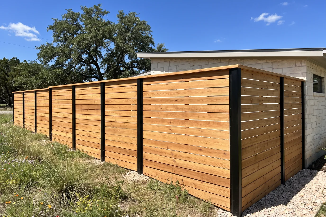 A horizontal cedar fence on black steel posts along the side of a limestone house