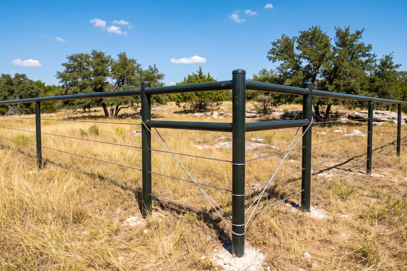A pipe-and-cable ranch fence with a braced corner in golden native grass among live oaks
